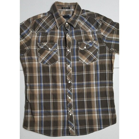 Various Artists Long Sleeve Front Snap Brown Plaid Western Shirt Mens M Slim Fit - Picture 1 of 15